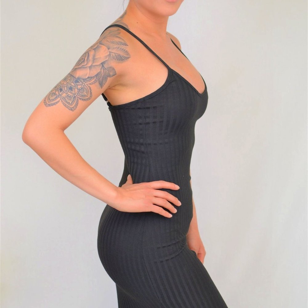 Black Rib Knit Dress With Side Slit